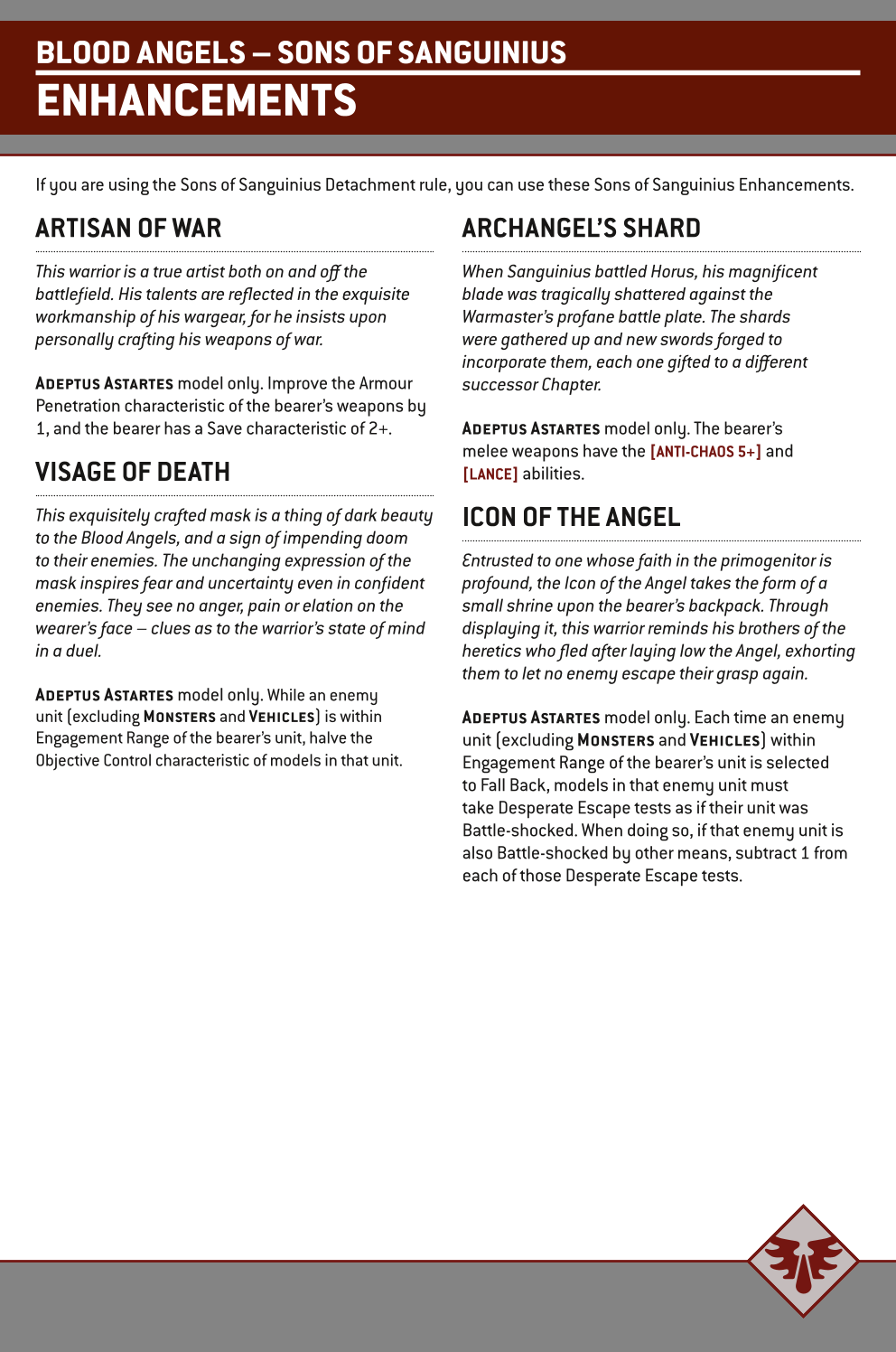 If You Are Using The Sons Of Sanguinius Detachment Rule, You Can Use These Sons Of Sanguinius Enhancements.