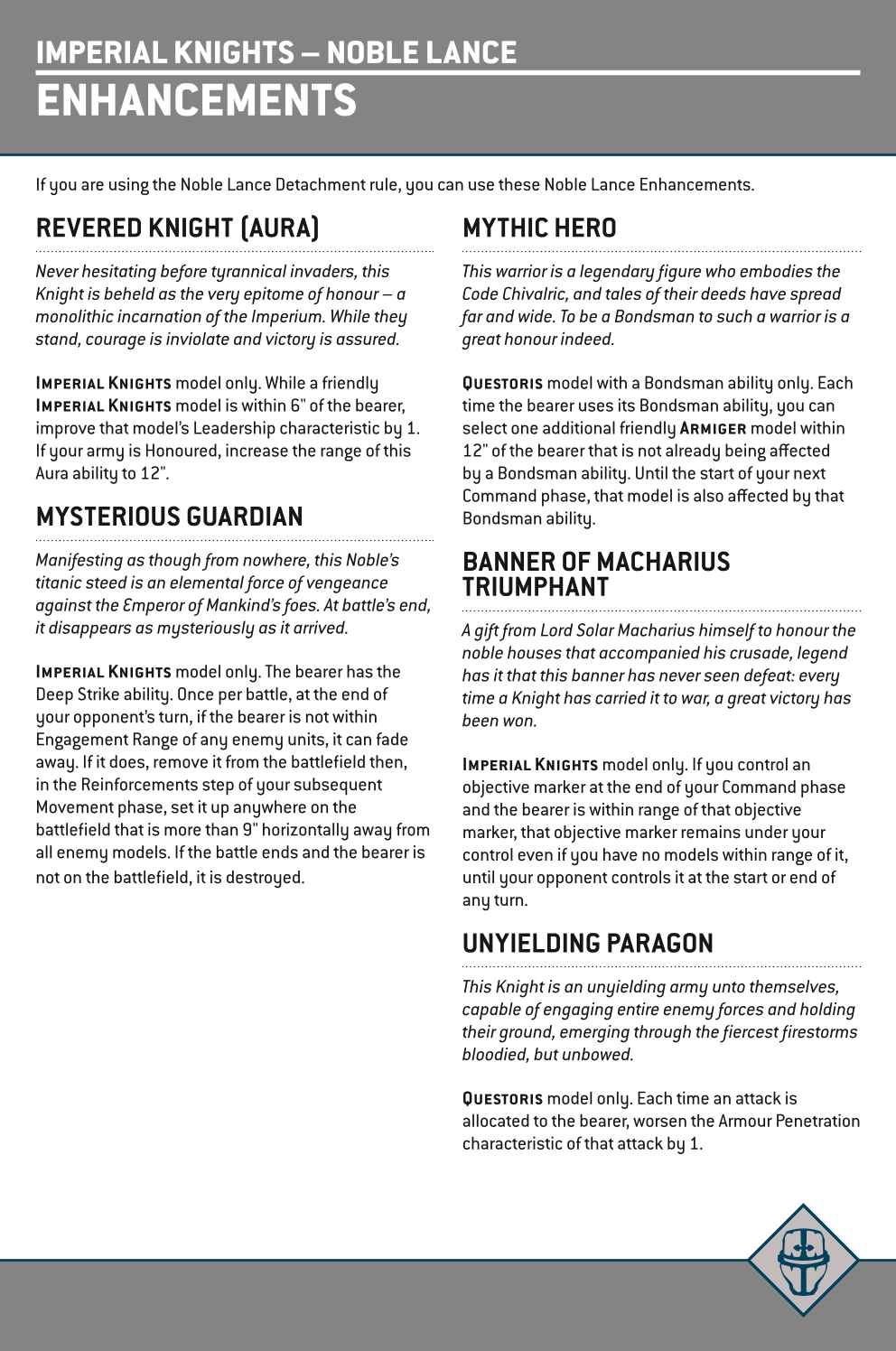 If You Are Using The Noble Lance Detachment Rule, You Can Use These Noble Lance Enhancements.